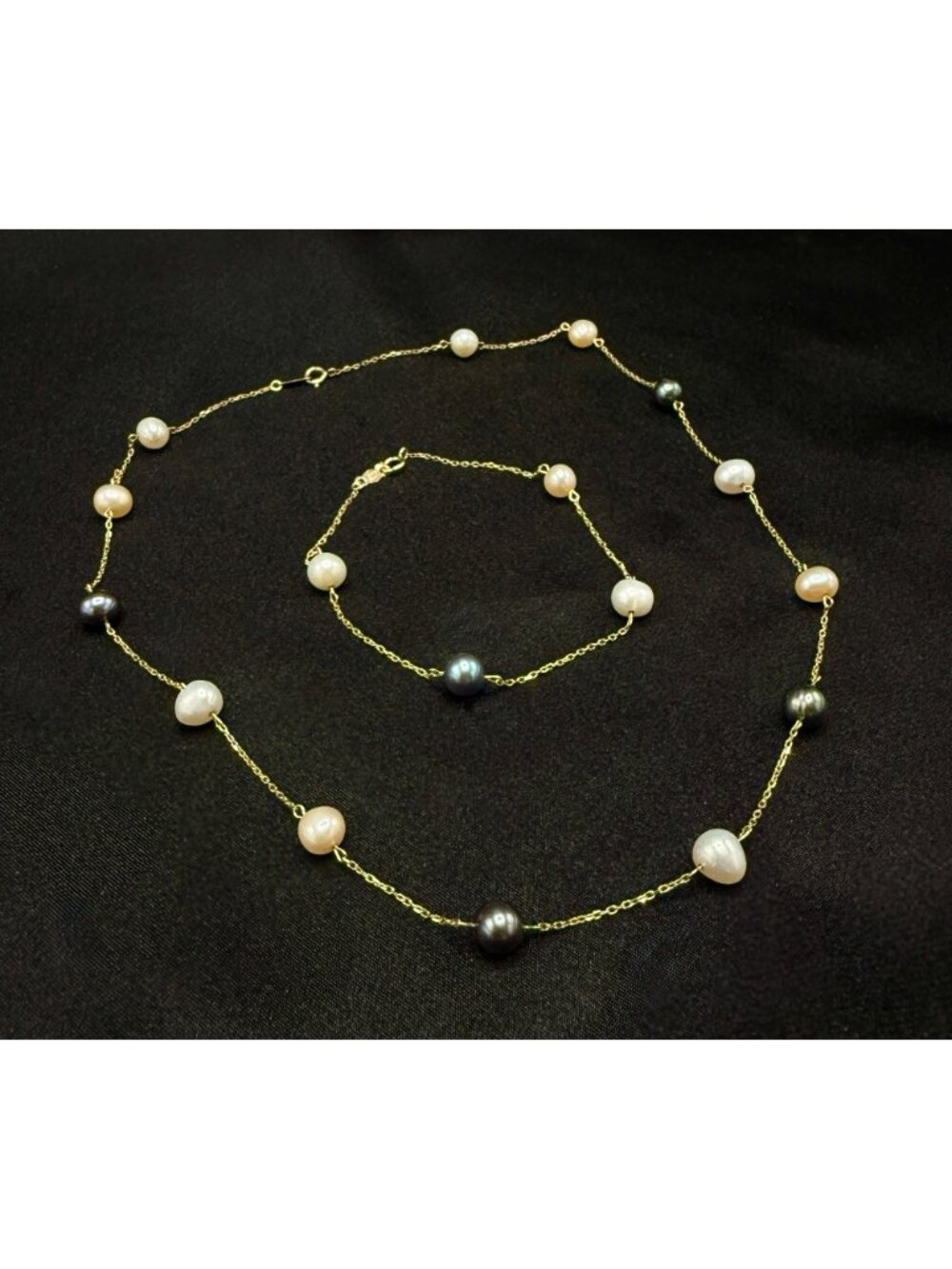 10K Solid Gold Necklace & Bracelet Set With Multicolor Freshwater Pearls - Picture 2 of 5